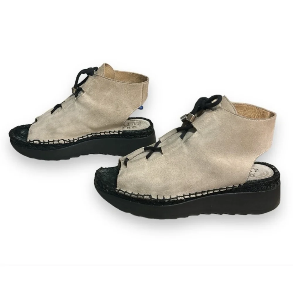 OKI KUTSU Kasai Hi Lace Beige Suede Platform Sandals